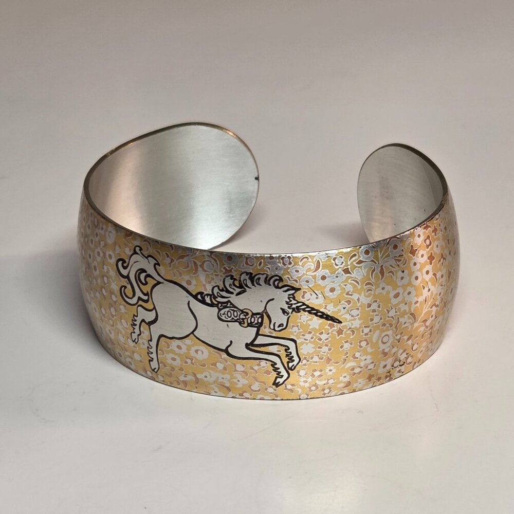 Vintage Reed & Barton Damascene Cuff Bracelet Unicorn